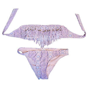 Ninety Five ° Swimsuit Bikini 2 piece Size Small Pink Orange Fringe Top